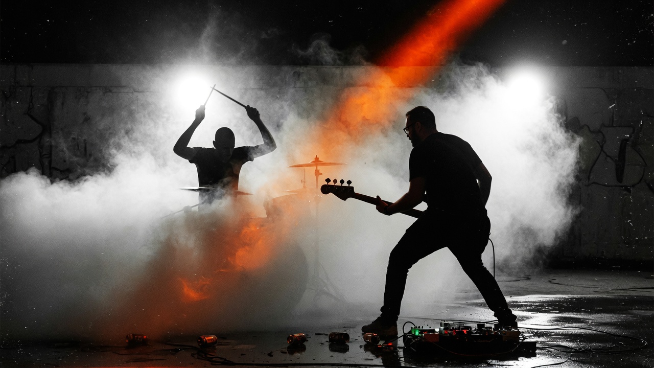 Silhouettes of the band in a smoke-filled room, lit from behind by a hard orange light.