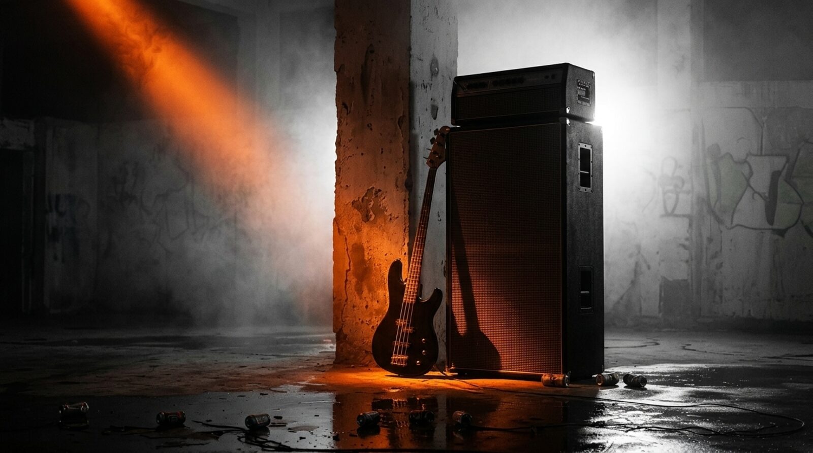 Bass guitar leaning against a concrete pillar beside a stack of amps, orange light and smoke.