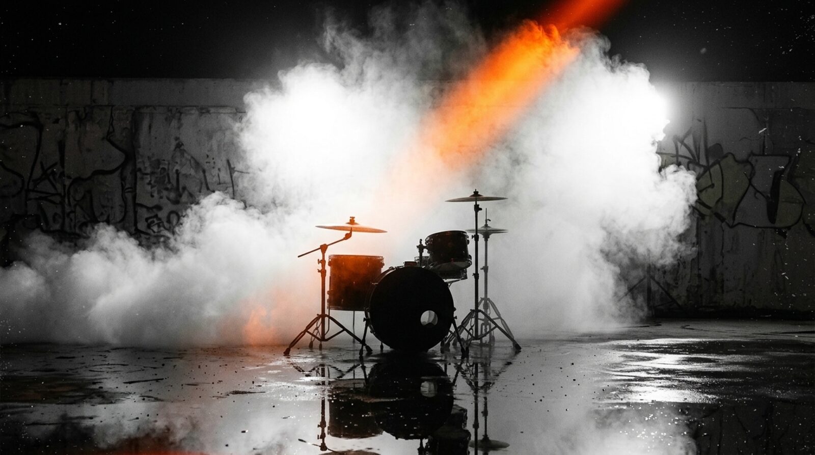 Vintage drum kit in silhouette in a smoke-filled garage, orange rim light along the shells.
