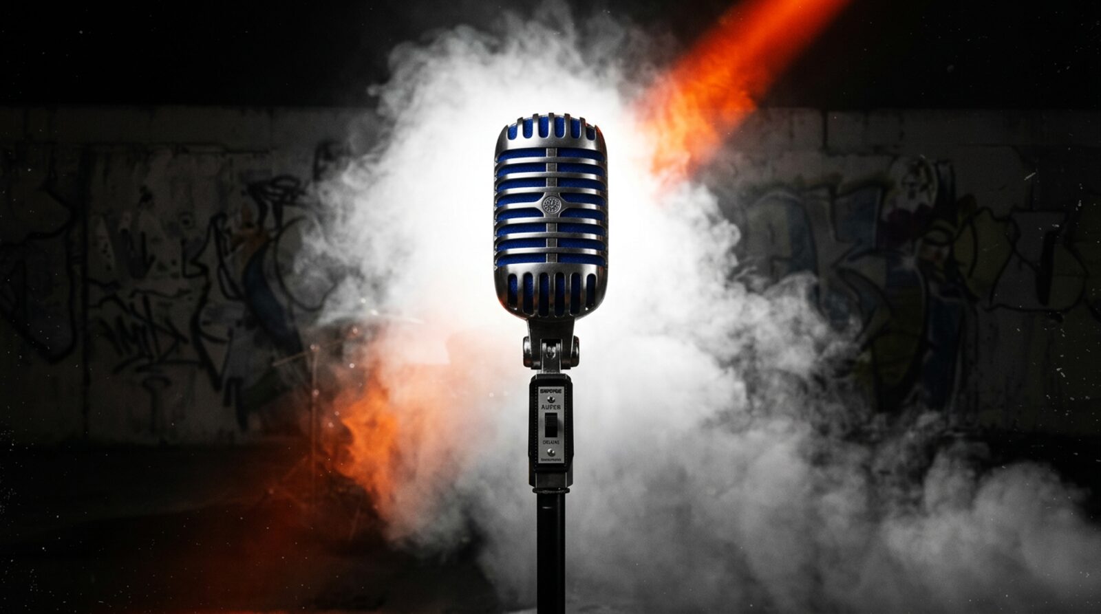 Close-up of a vintage silver vocal microphone on a black stand, orange light behind it.